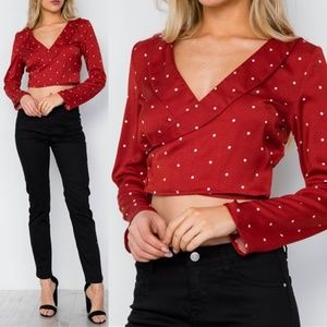POSH POLKA DOT CROPPED WRAP BLOUSE RED
